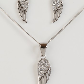 Sterling Silver/CZ Angel Wings Pendant and Chain with Stud Earrings